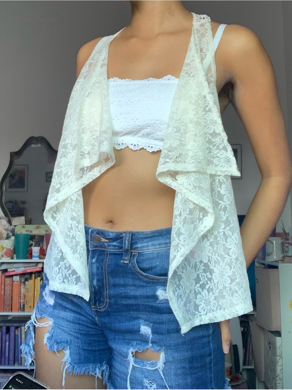 Lace Drape Open Front Vest - Cream